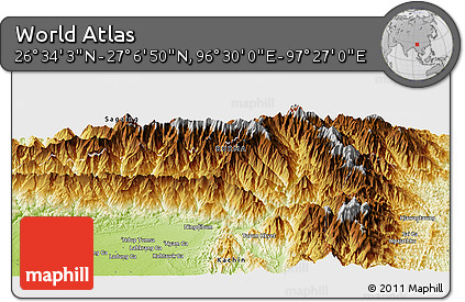 Physical Panoramic Map of the Area around 26° 50' 27" N, 96° 58' 29" E