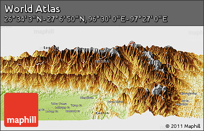 Physical Panoramic Map of the Area around 26° 50' 27" N, 96° 58' 29" E