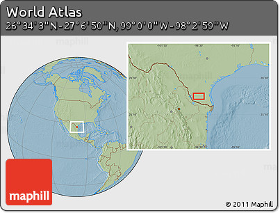 Savanna Style Location Map of the Area around 26° 50' 27" N, 98° 31' 30" W, hill shading