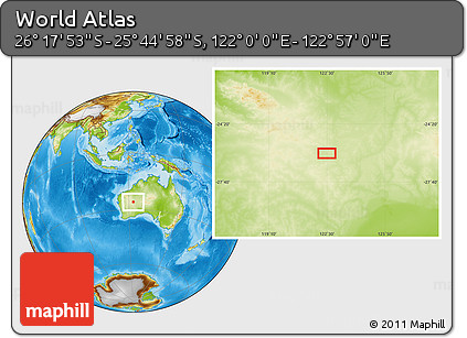 Physical Location Map of the Area around 26° 1' 26" S, 122° 28' 29" E
