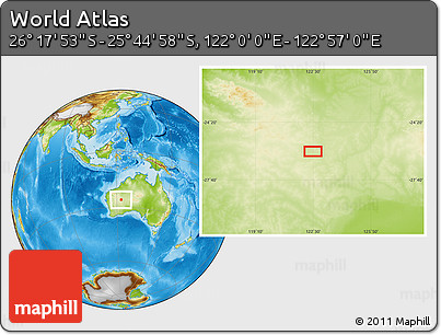 Physical Location Map of the Area around 26° 1' 26" S, 122° 28' 29" E