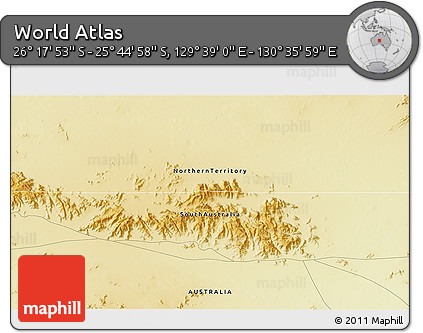 Physical 3D Map of the Area around 26° 1' 26" S, 130° 7' 30" E