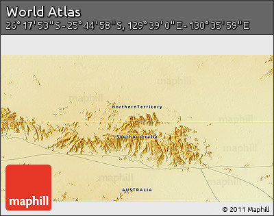 Physical 3D Map of the Area around 26° 1' 26" S, 130° 7' 30" E