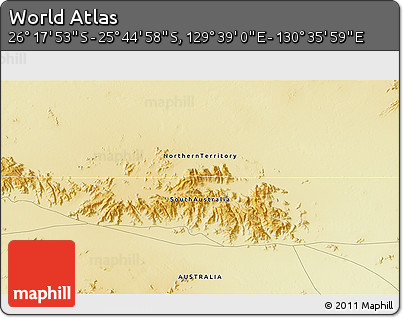 Physical 3D Map of the Area around 26° 1' 26" S, 130° 7' 30" E
