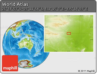 Physical Location Map of the Area around 26° 1' 26" S, 135° 13' 29" E
