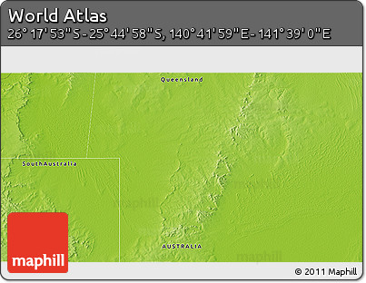 Physical 3D Map of the Area around 26° 1' 26" S, 141° 10' 30" E