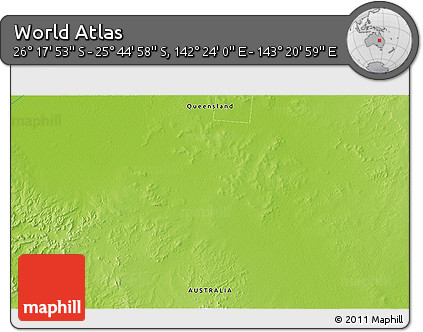Physical 3D Map of the Area around 26° 1' 26" S, 142° 52' 30" E