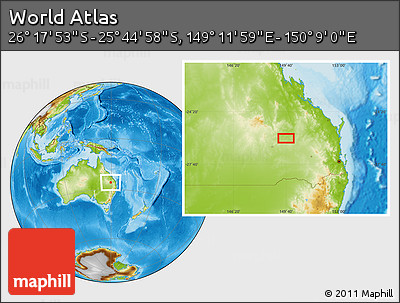 Physical Location Map of the Area around 26° 1' 26" S, 149° 40' 30" E