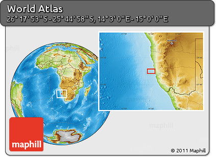 Physical Location Map of the Area around 26° 1' 26" S, 14° 31' 30" E