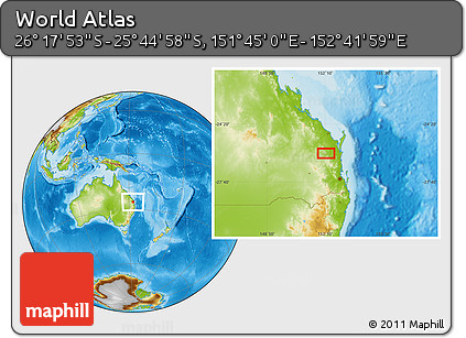 Physical Location Map of the Area around 26° 1' 26" S, 152° 13' 29" E