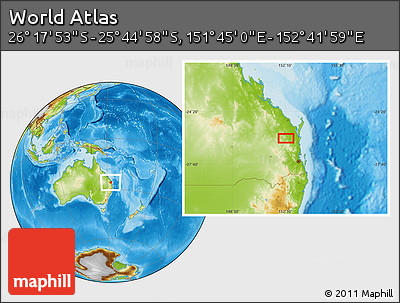 Physical Location Map of the Area around 26° 1' 26" S, 152° 13' 29" E