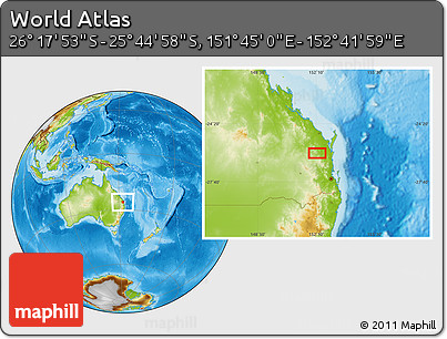 Physical Location Map of the Area around 26° 1' 26" S, 152° 13' 29" E