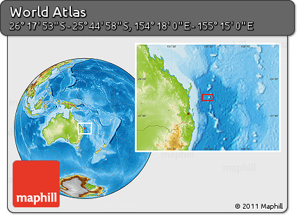 Physical Location Map of the Area around 26° 1' 26" S, 154° 46' 30" E