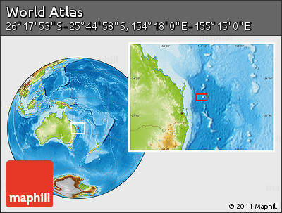 Physical Location Map of the Area around 26° 1' 26" S, 154° 46' 30" E