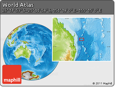 Physical Location Map of the Area around 26° 1' 26" S, 154° 46' 30" E