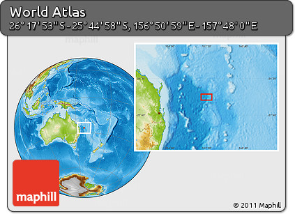 Physical Location Map of the Area around 26° 1' 26" S, 157° 19' 29" E