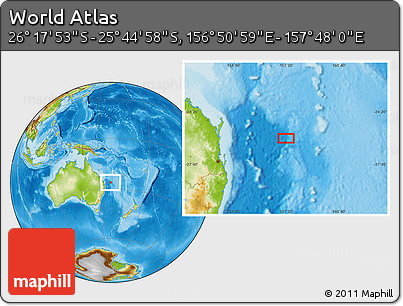 Physical Location Map of the Area around 26° 1' 26" S, 157° 19' 29" E