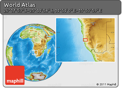 Physical Location Map of the Area around 26° 1' 26" S, 15° 22' 30" E