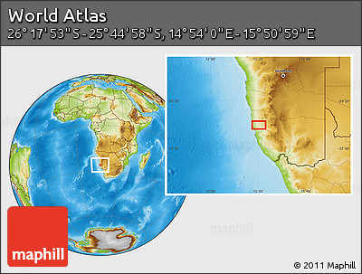 Physical Location Map of the Area around 26° 1' 26" S, 15° 22' 30" E