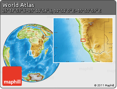 Physical Location Map of the Area around 26° 1' 26" S, 15° 22' 30" E