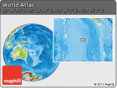 Physical Location Map of the Area around 26° 1' 26" S, 163° 16' 30" E