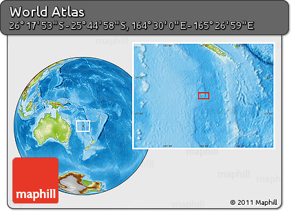 Physical Location Map of the Area around 26° 1' 26" S, 164° 58' 29" E