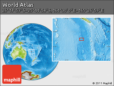 Physical Location Map of the Area around 26° 1' 26" S, 164° 58' 29" E