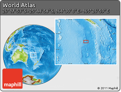 Physical Location Map of the Area around 26° 1' 26" S, 164° 58' 29" E