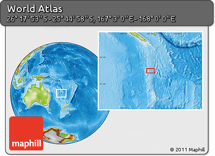 Physical Location Map of the Area around 26° 1' 26" S, 167° 31' 30" E