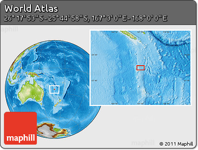 Physical Location Map of the Area around 26° 1' 26" S, 167° 31' 30" E