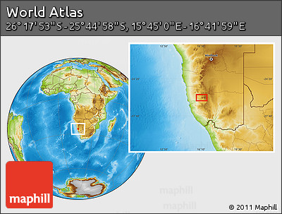 Physical Location Map of the Area around 26° 1' 26" S, 16° 13' 30" E