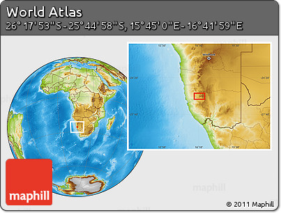 Physical Location Map of the Area around 26° 1' 26" S, 16° 13' 30" E