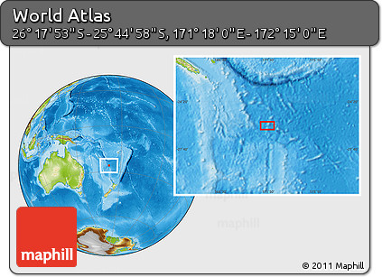 Physical Location Map of the Area around 26° 1' 26" S, 171° 46' 30" E
