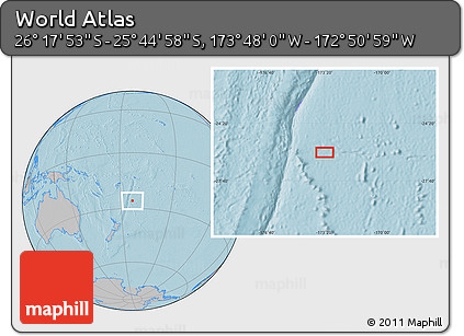 Gray Location Map of the Area around 26° 1' 26" S, 173° 19' 29" W, hill shading