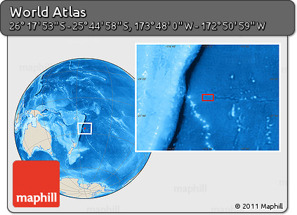 Shaded Relief Location Map of the Area around 26° 1' 26" S, 173° 19' 29" W
