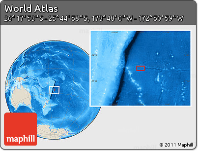 Shaded Relief Location Map of the Area around 26° 1' 26" S, 173° 19' 29" W