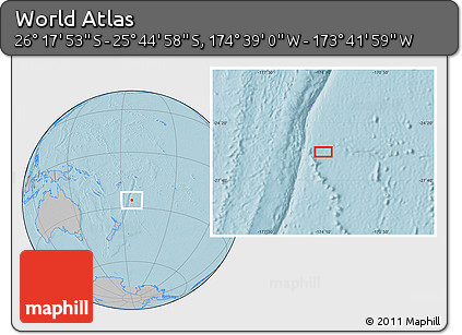 Gray Location Map of the Area around 26° 1' 26" S, 174° 10' 30" W, hill shading
