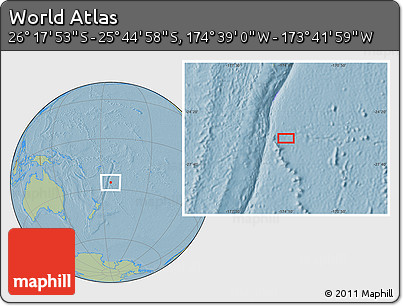 Savanna Style Location Map of the Area around 26° 1' 26" S, 174° 10' 30" W, hill shading