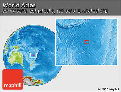 Physical Location Map of the Area around 26° 1' 26" S, 176° 1' 30" E
