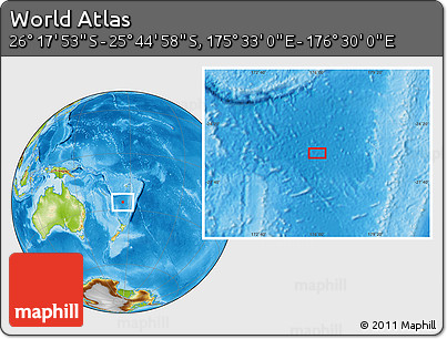 Physical Location Map of the Area around 26° 1' 26" S, 176° 1' 30" E