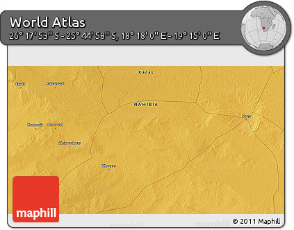 Physical 3D Map of the Area around 26° 1' 26" S, 18° 46' 29" E