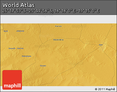 Physical 3D Map of the Area around 26° 1' 26" S, 18° 46' 29" E