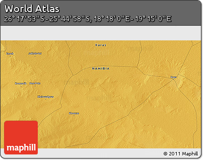 Physical 3D Map of the Area around 26° 1' 26" S, 18° 46' 29" E