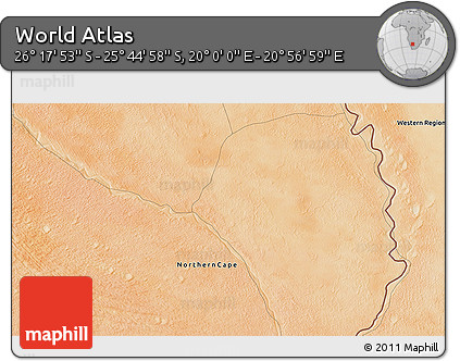 Satellite 3D Map of the Area around 26° 1' 26" S, 20° 28' 30" E