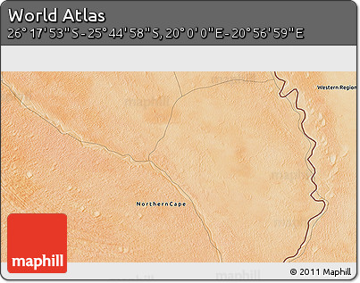 Satellite 3D Map of the Area around 26° 1' 26" S, 20° 28' 30" E