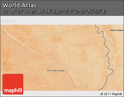 Satellite 3D Map of the Area around 26° 1' 26" S, 20° 28' 30" E