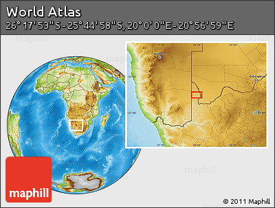 Physical Location Map of the Area around 26° 1' 26" S, 20° 28' 30" E