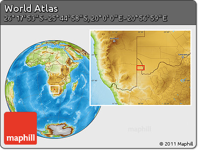 Physical Location Map of the Area around 26° 1' 26" S, 20° 28' 30" E