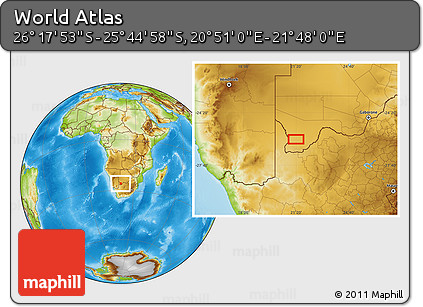 Physical Location Map of the Area around 26° 1' 26" S, 21° 19' 30" E