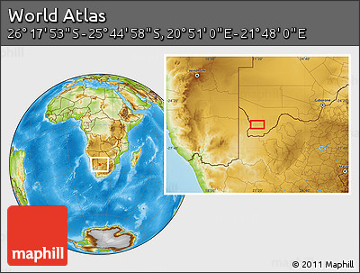 Physical Location Map of the Area around 26° 1' 26" S, 21° 19' 30" E